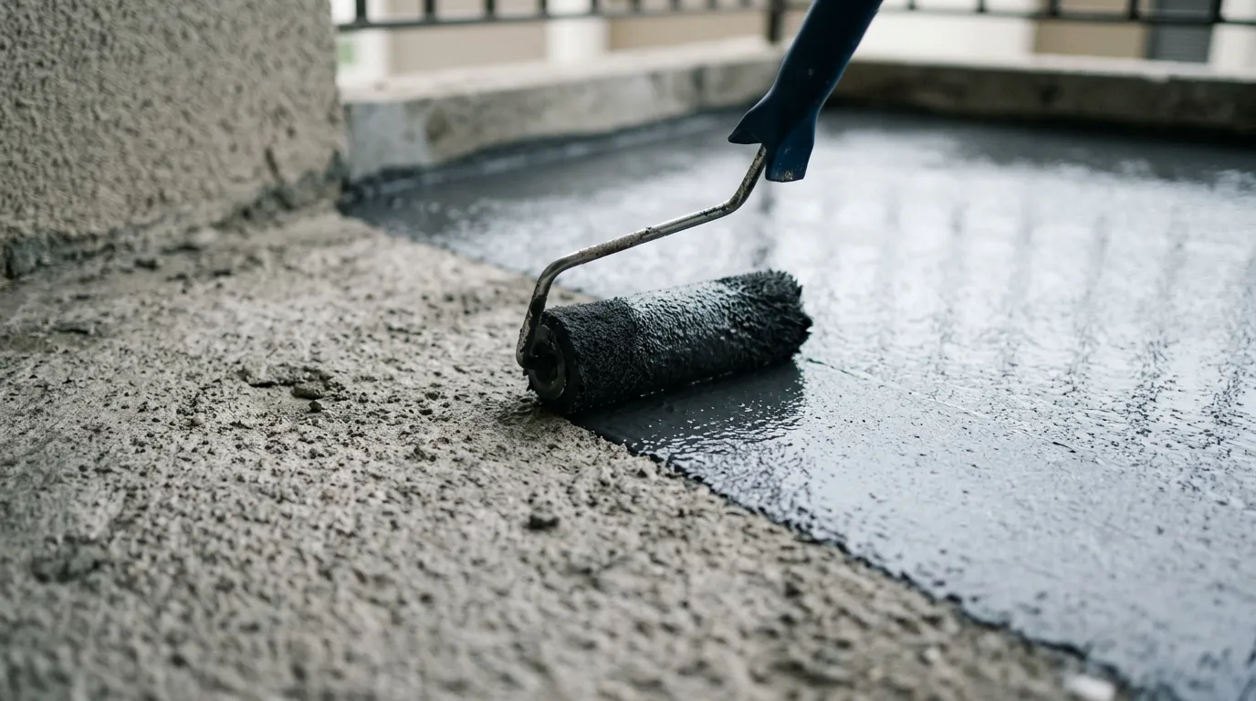 Malowanie agregatem na powierzchni z betonu, ukazujący wałek pokryty farbą