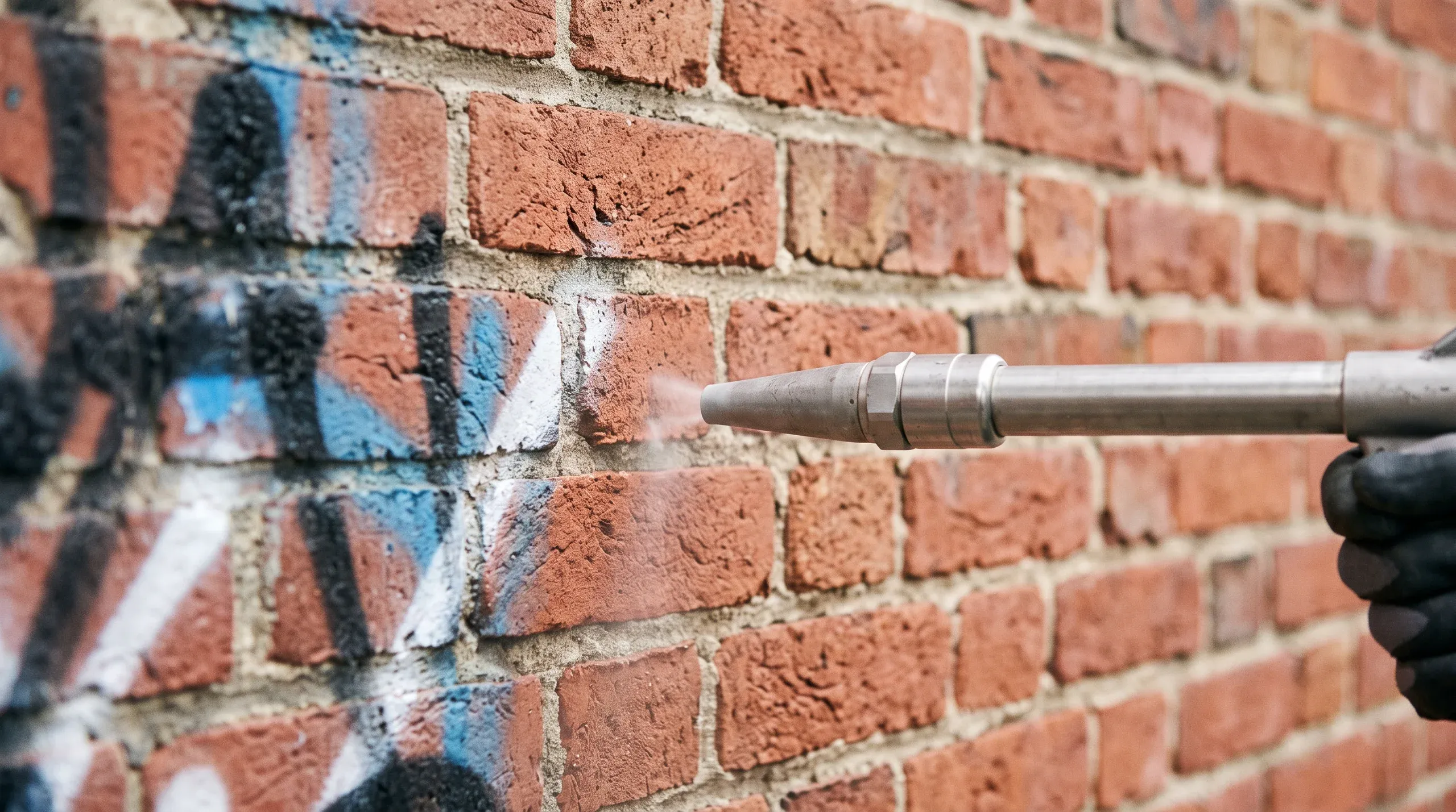 Usługa usuwania graffiti z ceglanej ściany przy użyciu myjki ciśnieniowej
