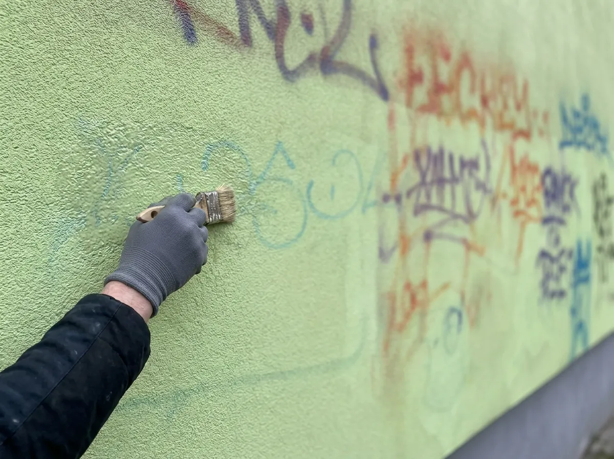 Usuwanie graffiti z zielonej elewacji budynku przy użyciu pędzla i preparatu
